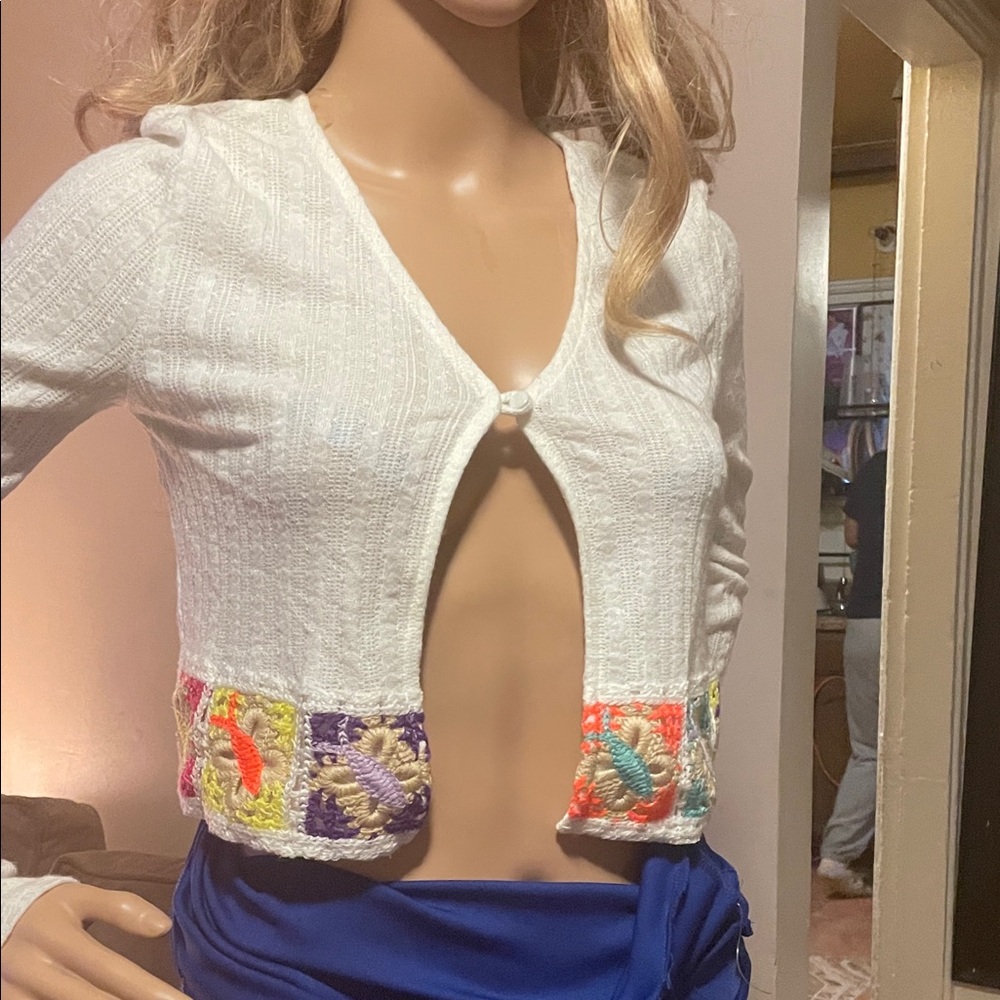 White Textured Cardigan with Colorful Details